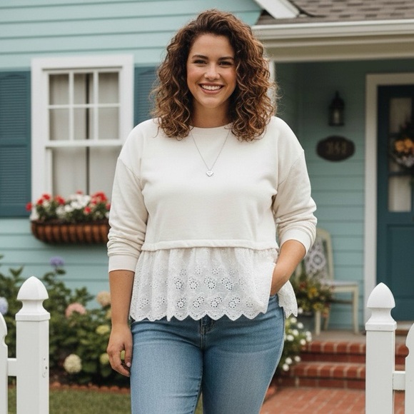 Charmed Hearts Tops - Eyelet Lace-Trimmed Cream Sweatshirt